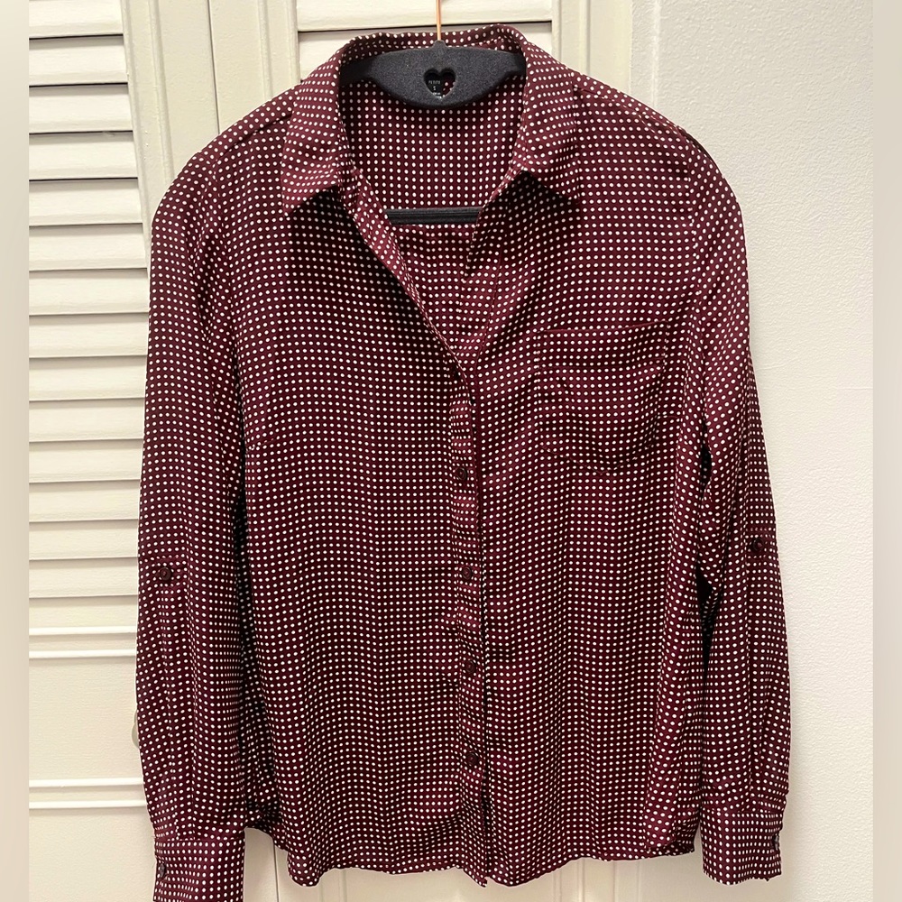 Limited Ashton-style long sleeve blouse, maroons with white dots